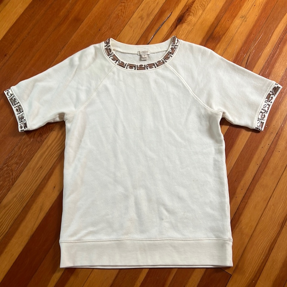J Crew Short Sleeve Pullover with Bedazzled cuffs and neck